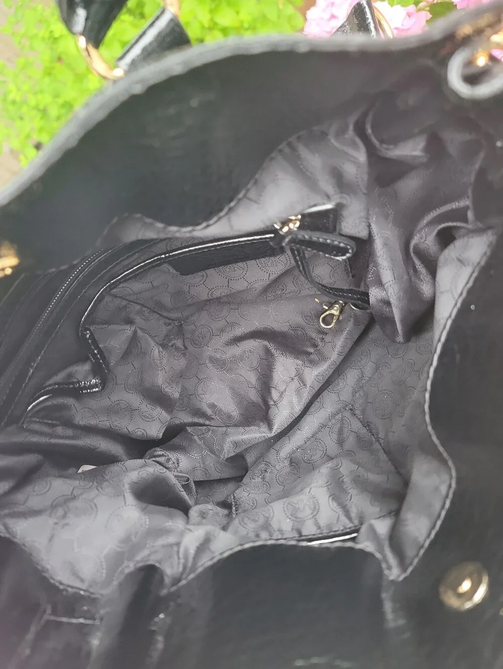 MK Black Patent Leather Tote Handbag with Gold Hardware